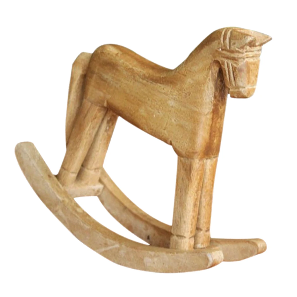 Vintage Style Wood Rocking Horse Animal Decoration Wood Carved Craft White Horse Figurines Home Decor