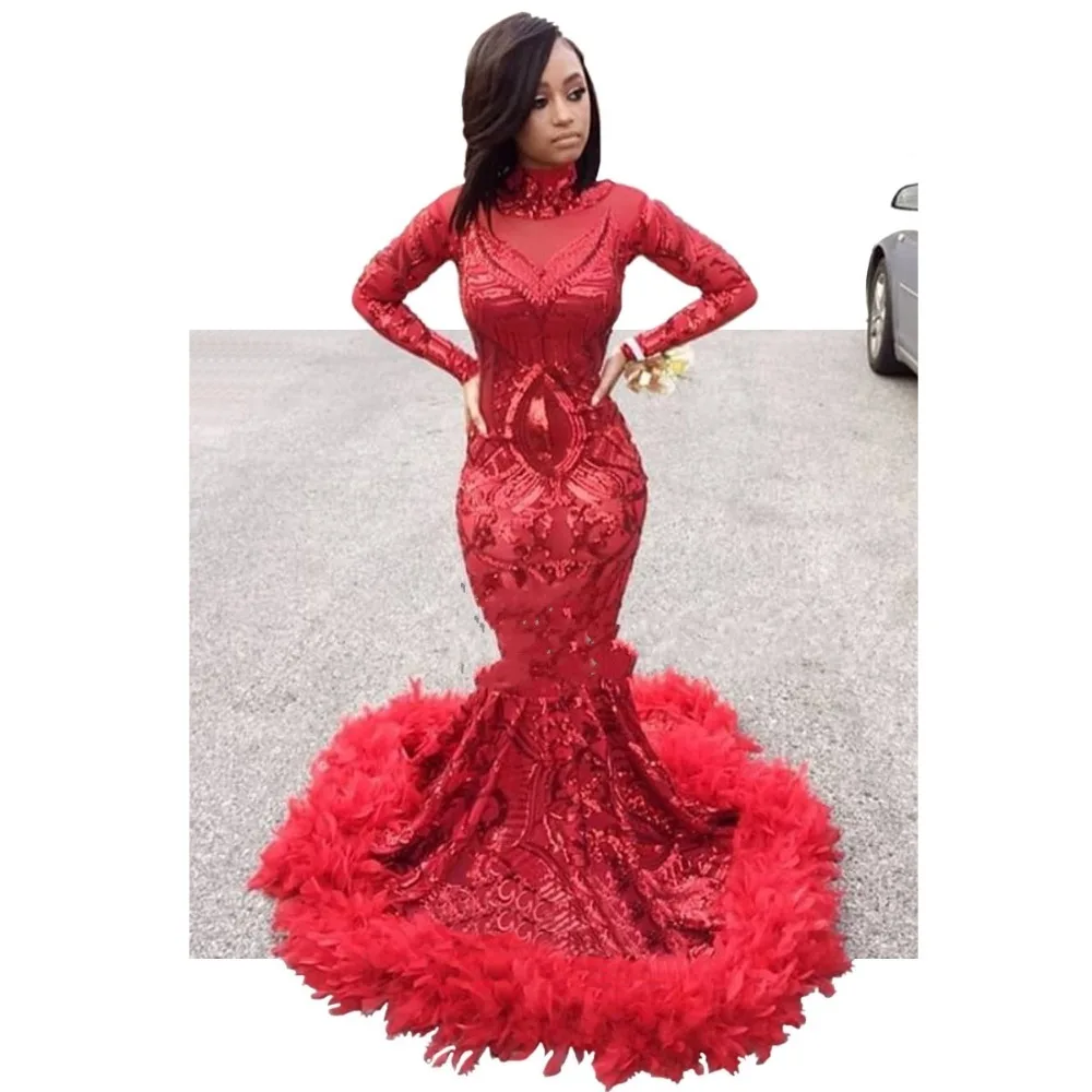 

Custom Made Evening Dress Mermaid Long Sleeves Evening Dresses robe de soiree Appliques Feathers Red Evening Gowns Avondjurk