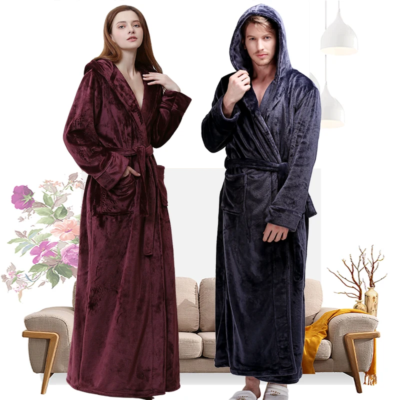 

Women Winter Hooded Extra Long Thick Flannel Bath Robe Luxury Peignoir Warm Dressing Gown Men Bathrobe Bridesmaid Wedding Robes