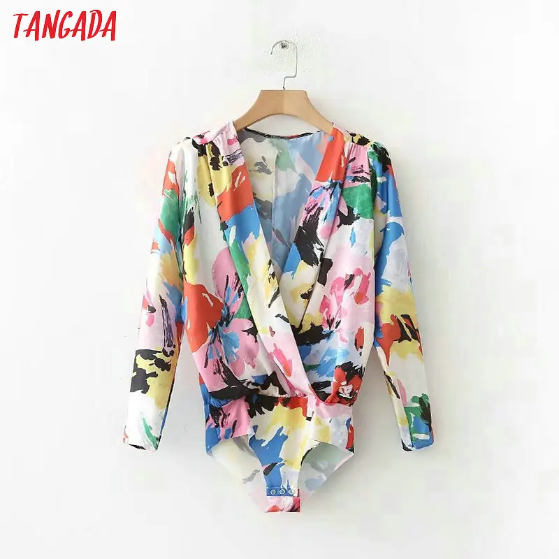 

Tangada summer fashion Women Chiffion Bodysuits 2019 Sexy floral print body suit long sleeve V-Neck Female Rompers XD193