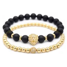2 шт./компл. 8 мм черный с натуральным камнем, Leo Lion Головы Браслет CZ Кристалл Медь шар бусы Браслеты для Для мужчин Роскошные Ювелирные изделия Подарки