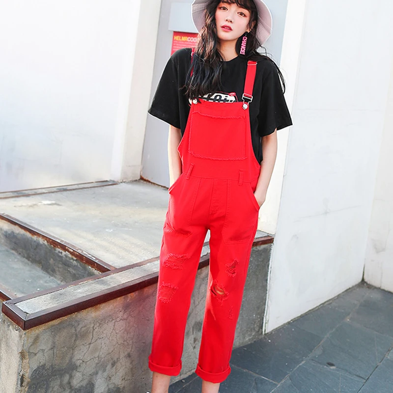

Denim Jumpsuit Women Solid Hole Jeans Jumpsuit Rompers Women Korean Fashion Suspender Monos Largos Mujer Pantalon Largo Overalls