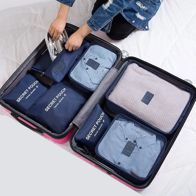 RUPUTIN 7 шт./набор, органайзер для путешествий, сумки для хранения, портативный органайзер для багажа, одежда, аккуратный Чехол, чемодан, упаковка, набор, чехлы для хранения - Цвет: Navy