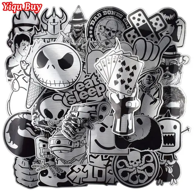 Hot Sale 50 Pcs Metallic Black and White Stickers Graffiti Sticker for Laptop Luggage Car Styling Wall Guitar Cool Stickers 1