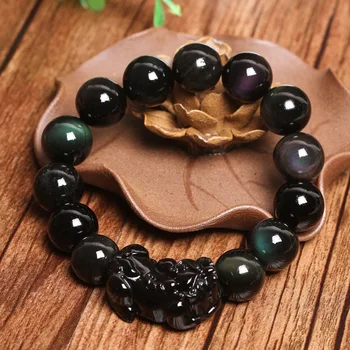 

Natural Rainbow Eye Obsidian PiXiu Bracelet Buddhist Prayer Brave Troops Black Stone Beaded Bangle Bracelets DIY Dropship Jewelr