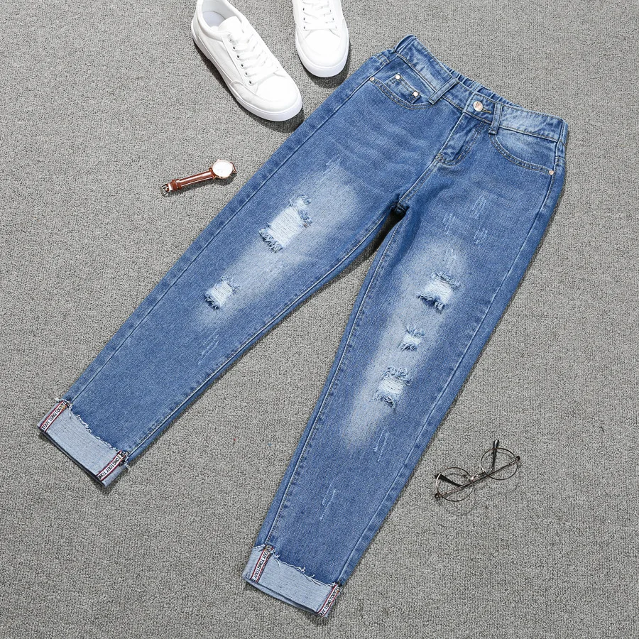 Large Size Boyfriend Jeans for women Fat Ripped Cuffs mom Jeans Femme Plus Size Loose Straight Denim Nine Pants 4Xl 5Xl