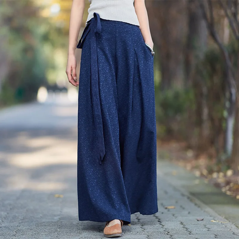 

5 Colors Loose Long Wide Leg Jacquard With Sash Fashion Lady Trousers, Spring Autumn New Plus Size Elastic Waist Womens Pants