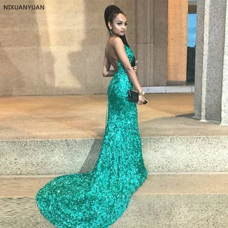 2019 New Elegant Green Sequins Off Shoulder Sexy Backless Mermaid Evening Dress Long Robe De Soiree