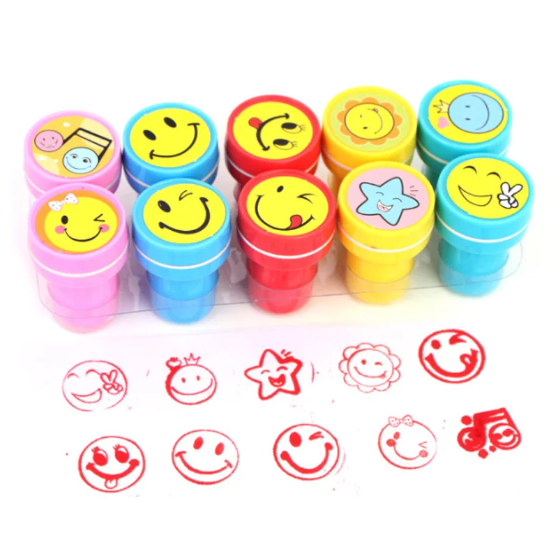 10pcs/set Cute Animal Smile Cartoon Reviews Encouraging Students Children's Seal Reward Kids Children Circular Stamps Toys