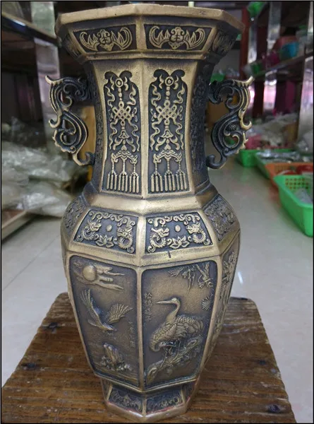 

Collectible Chinese Decorated Old Hand-carved Eight Angular Bottle Copper Vase fast Shipping