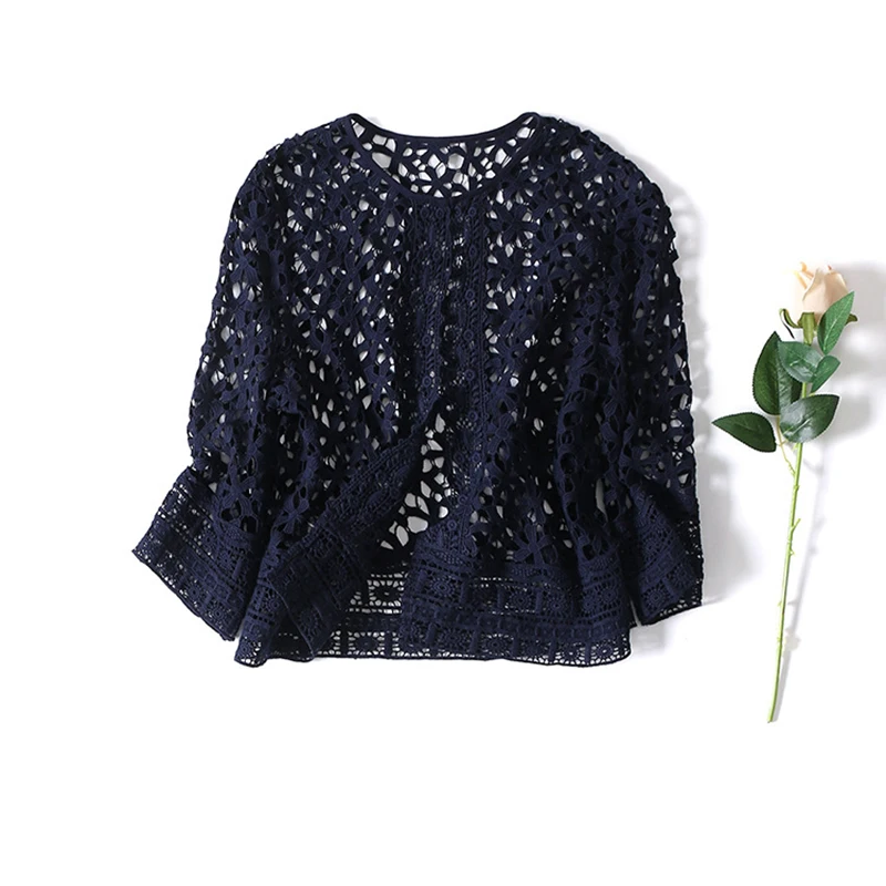 Women's lace short cardigan 2017 summer navy / white-in