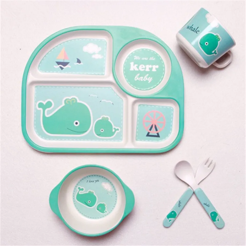 5 pcs set Bamboo Fiber Children Tableware Set Baby Dinnerware Plate Dishes Bowl With Spoon Dinnerware Feeding Set Food Container