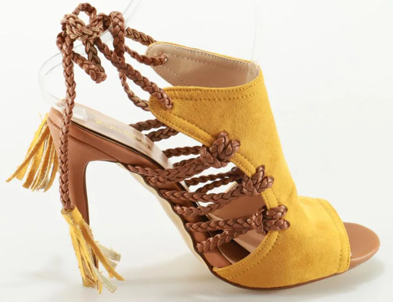 New Fashion Women Open Toe Yellow Suede Leather High Heel Gladiator Sandals Cut out Rope Lace up
