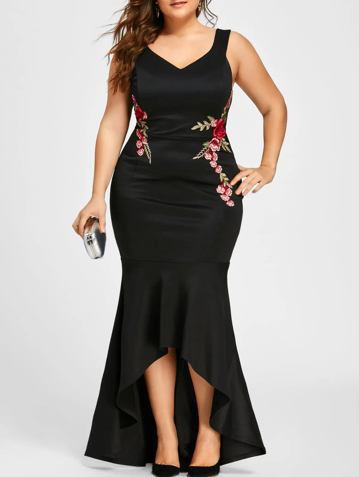 ROSEGAL размера плюс без рукавов вечерние платье с русалочкой вышивка Макси платье пикантные черные сапоги V образным вырезом элегантное платье Платья для вечеринок Vestidos - Цвет: black