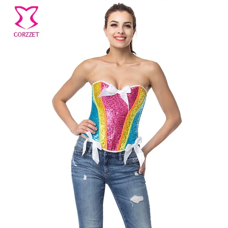 

Corzzet Rainbow Sequin Corset Sexy Bustier Top Corselet Overbust Corsets and Bustiers Corpetes E Espartilhos Gothic Clothing