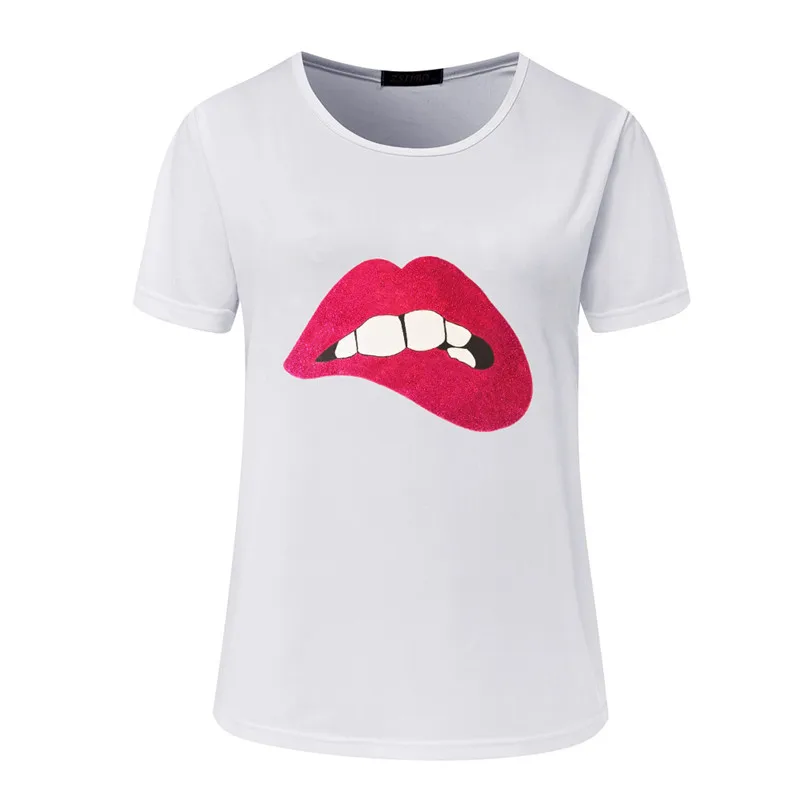 

Hot Sale 2018 T-shirts For Women Summer Short Sleeve Sequin Red Green Lips Tshirt Loose Harajuku O-Neck White Printing T Shirt