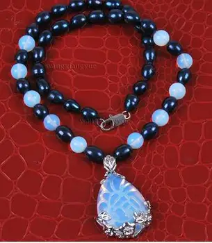 

Rice Black Akoya Cultured Pearl/Sri Lanka Moonstone pendant(28x35mm) necklace Natural Pearl Jewelrygirl Wedding