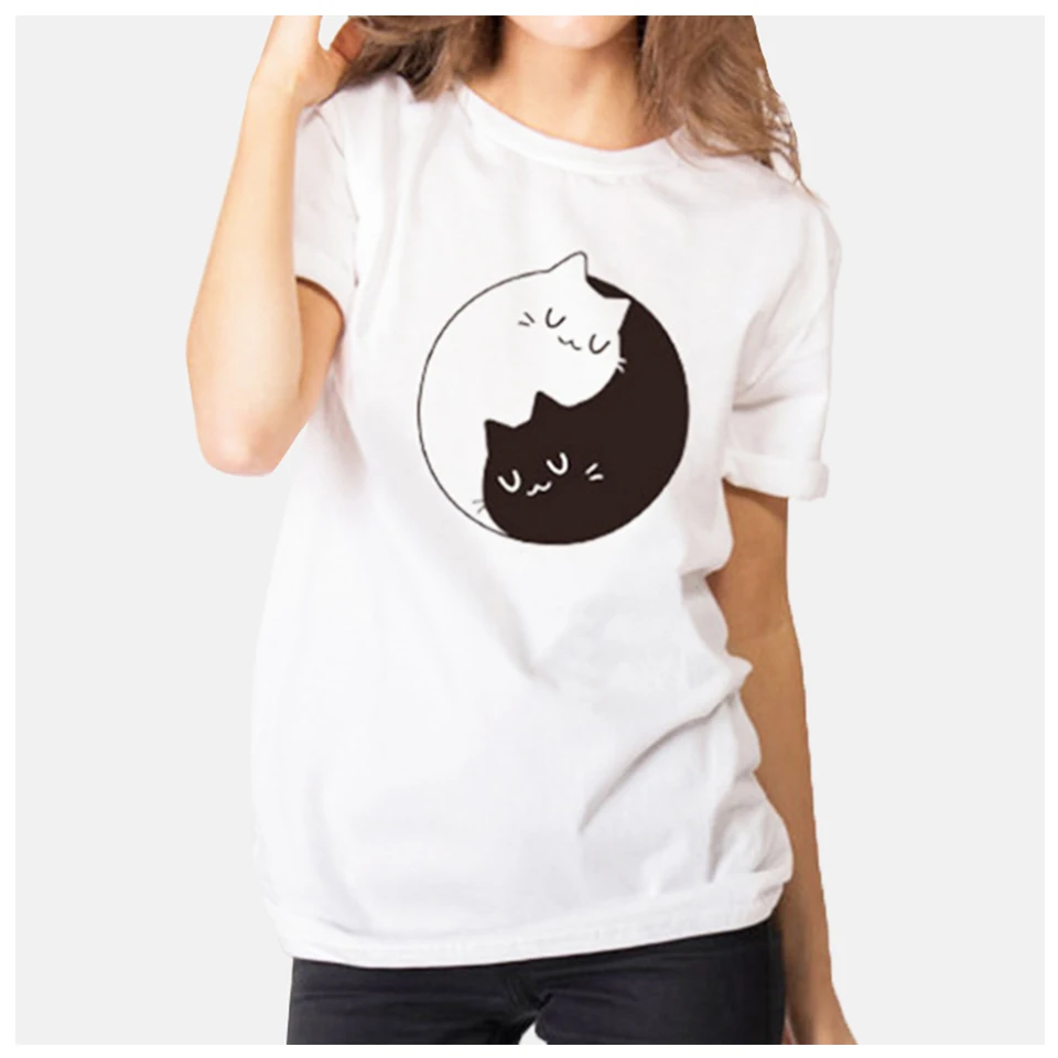 Женская одежда Kawaii Cat однотонная белая футболка повседневная милая 2019 |