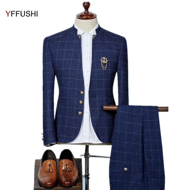 YFFUSHI 2018 2 Pieces Men Suit Men Stand Collar Navy Suits ...
