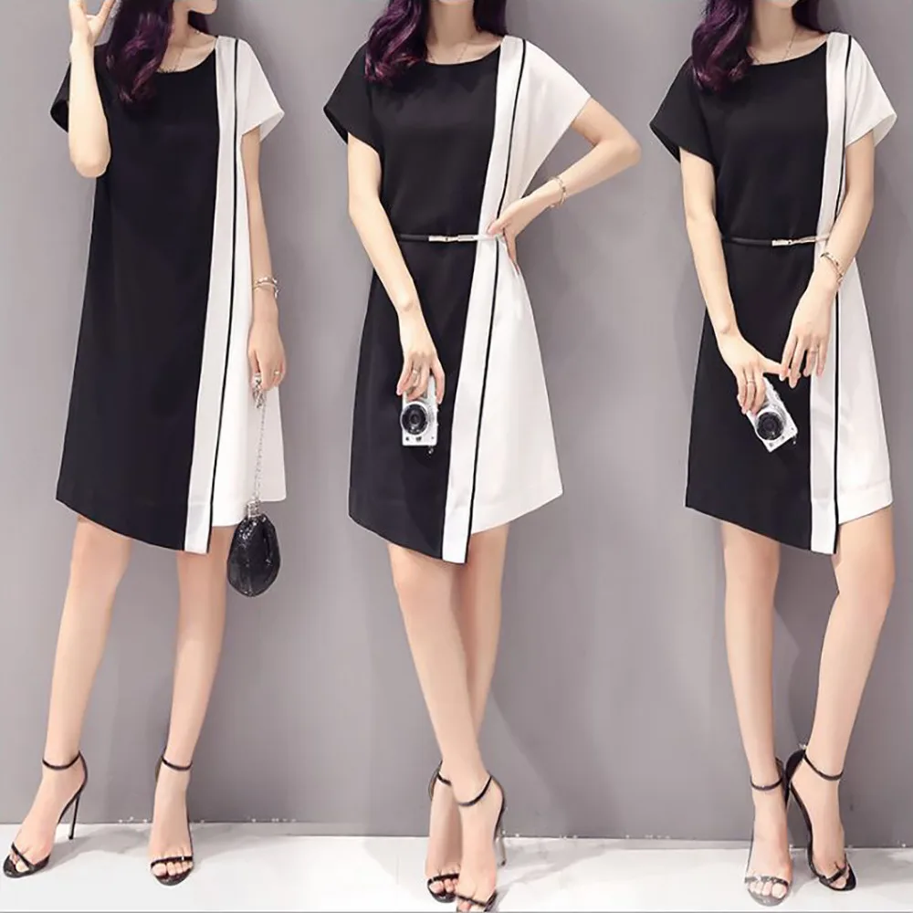 

Women Fshion Chiffon Slim Black And White Short-Sleeved O-Neck Dresses Drop Shipping