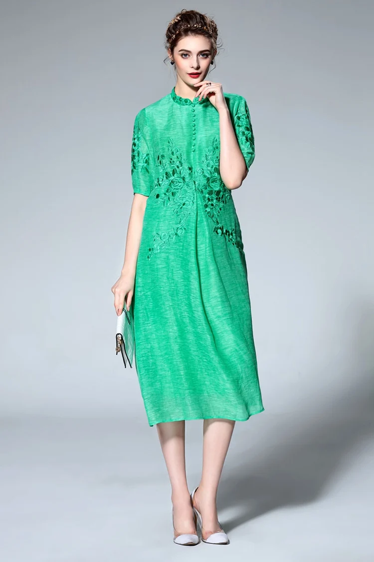 Grey Vintage Embroidery Stand Collar Shift Dress (11)