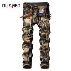 QUANBO брендовая одежда 2018 новый для мужчин европейский и американский стиль винтаж рваные джинсы модные животный принт прямые джинсы 40 42