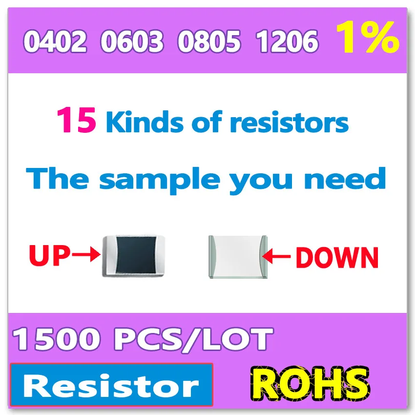 

JASNPROSMA OHM 1% F 0402 1005 0603 1608 0805 2012 1206 3216 10R-1M 15 Kinds of DIY sample A total of 1500 kit resistor