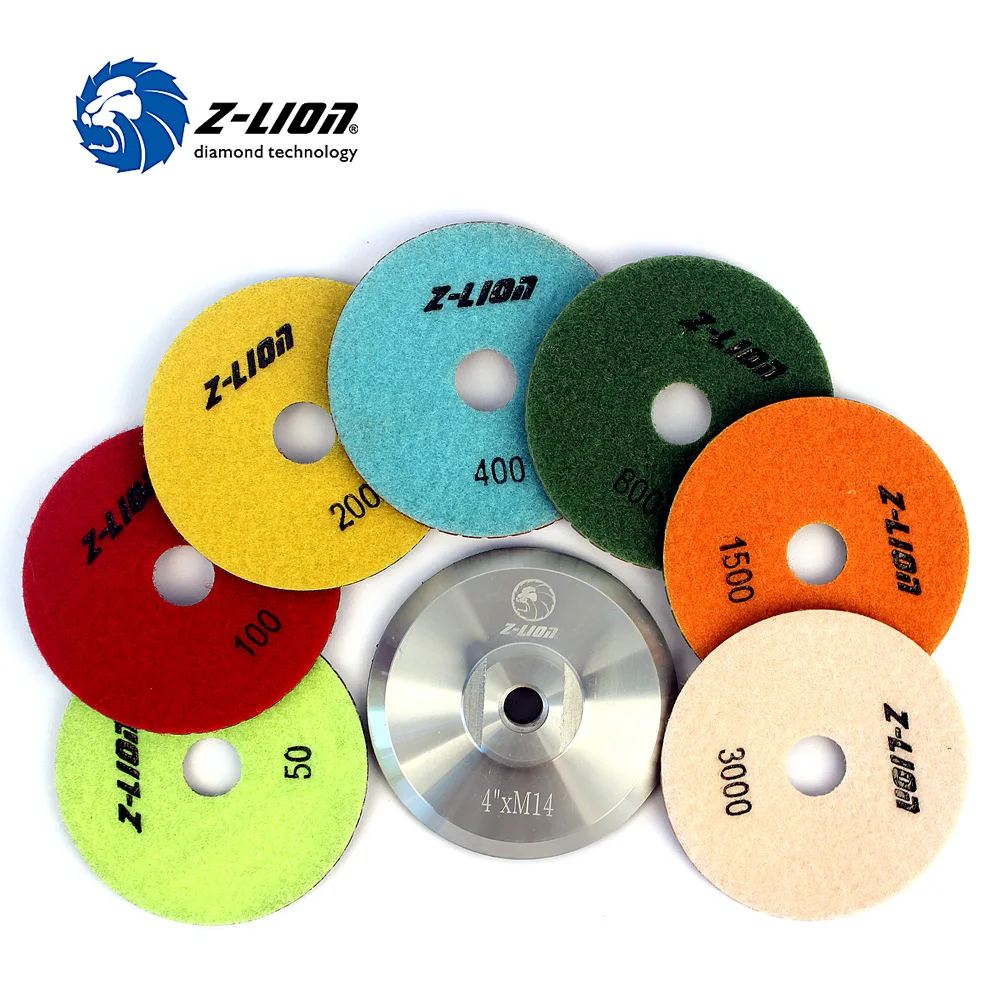 

Z-LION 7 Pieces & 1 Back-Up Pad 4" Diamond Polishing Pad Resin Grinding Disc M14 Aluninum Backer Pads Granite Polishing Tool