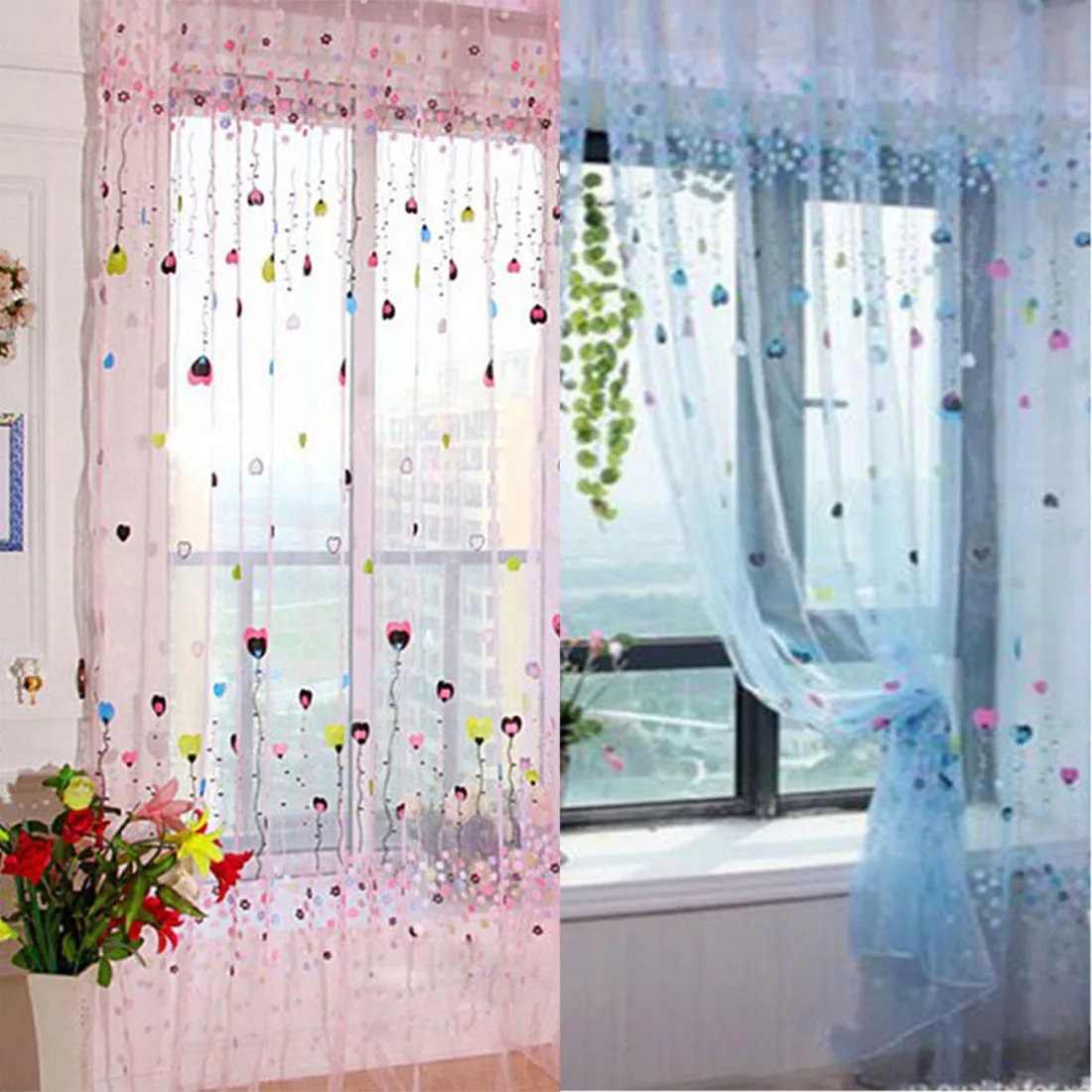 

1M*2M Window Curtains Sheer Voile Tulle for Bedroom Living Room Balcony Kitchen Printed heart Pattern Sun-shading Curtain
