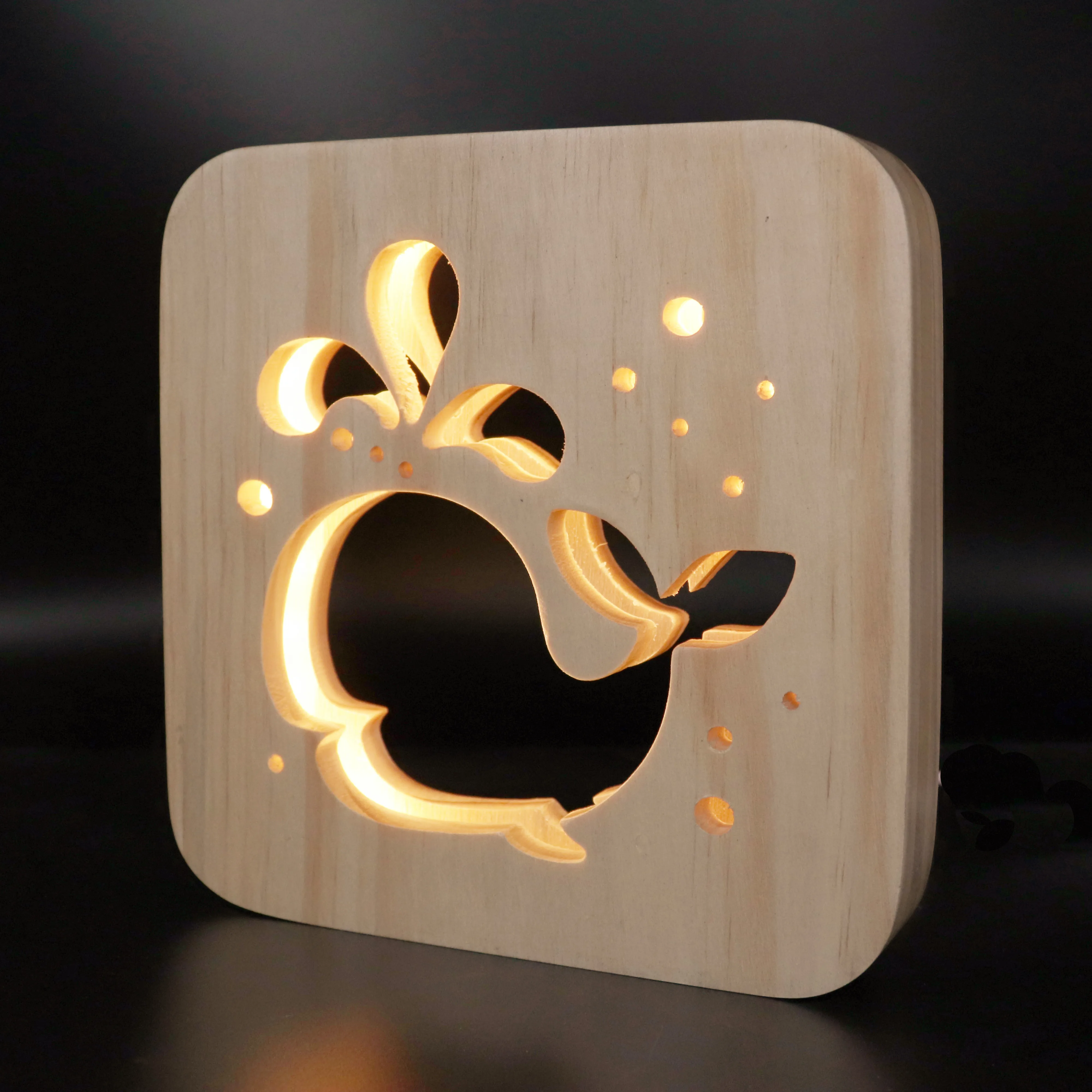 

Miumiu Happy little whale Craft Atmosphere Lamp Wooden Carved Hollow Night Light USB LED Baby Children Room Desktop Decoration