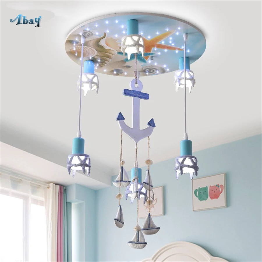 

Creative Wood Ship Anchor Pendant Light for Children Room Living Room 6 Heads Home Decor Hanging Lamp Blue Light Fixture Led E27