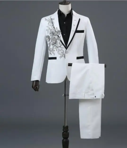 Куртка+ брюки) мужской костюм ведущая сценическая одежда певица ночной клуб бар костюмы на выпускной glee клуб шоу представление блёстки комплект с бриллиантами - Цвет: A white