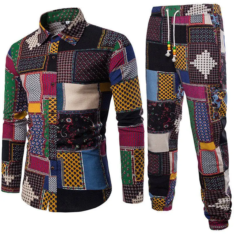 Shirts Patchwork Men Party Set Hot Sale Floral Beach Style Shirt Flower Summer Suit Casual Long Pants Club Mens Fitness Harajuku