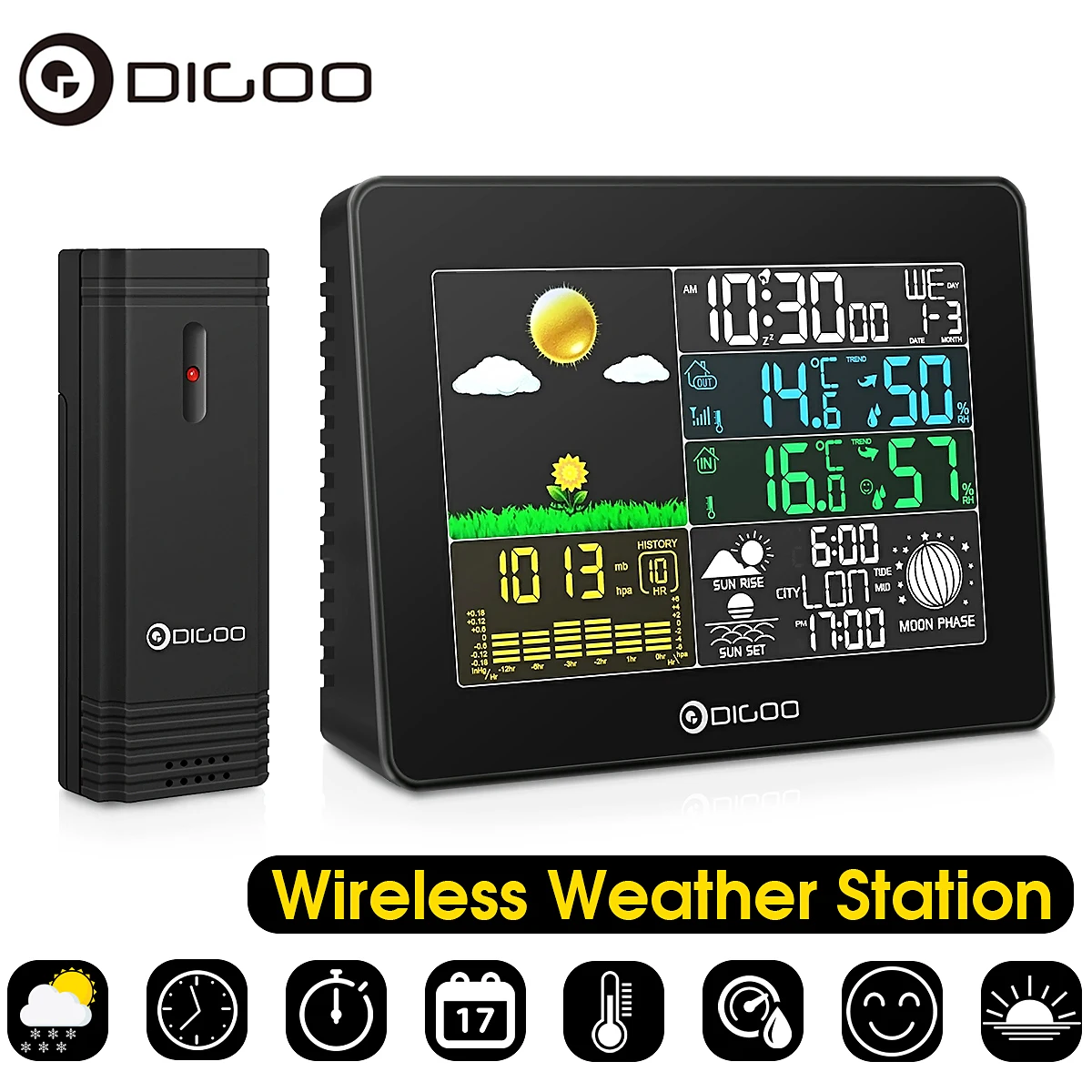 

Digoo DG-TH8868 Digital Weather Station Wireless Outdoor Forecast Sensor Temperature Instruments Hygrometer Thermometer Clock