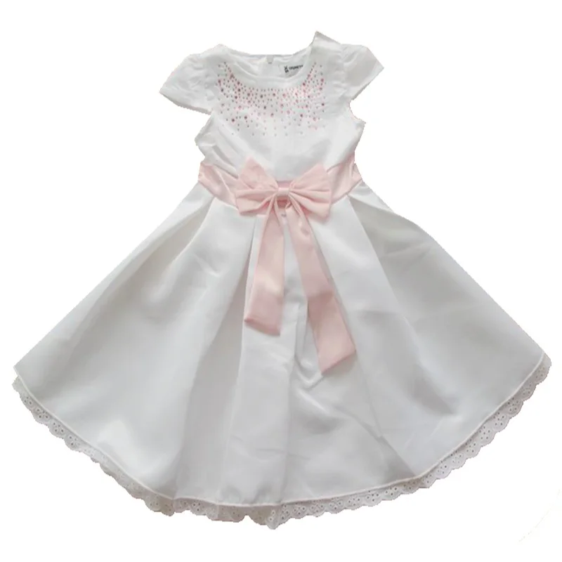 

White Dress Rhinestone Pink Bowtie Belt Girls Dresses For Party And Wedding Clothes Children Clothing Toddler Birthday Outfits