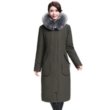 Для женщин зимний пуховик утолщение плюс Размеры 4XL меховой воротник более-колено Пальто Мать Длинные пуховик 0618