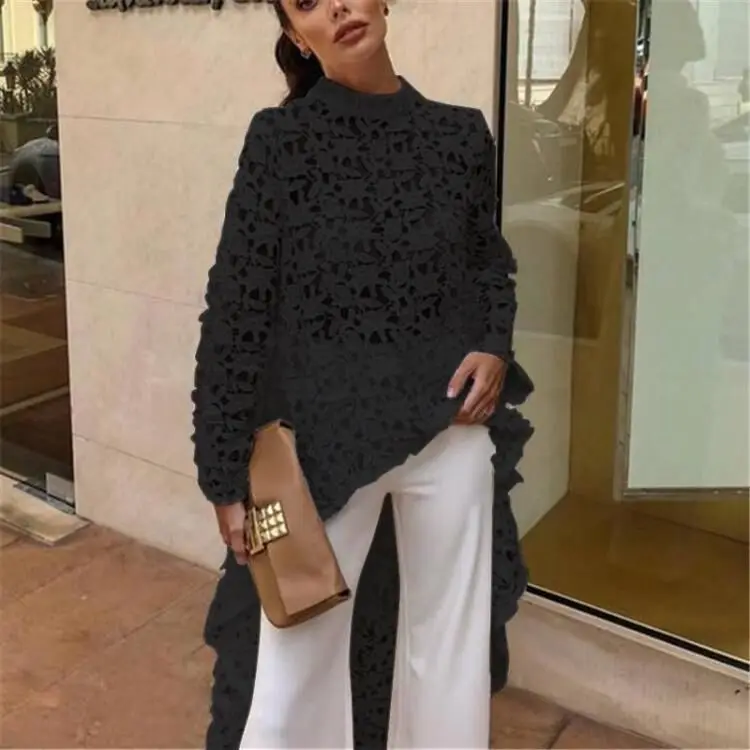 2019 Autumn Women Fashion Elegant Casual Patchwork flounced Dip Hem Top Crochet Irregular Hollow Out See Through Blouse