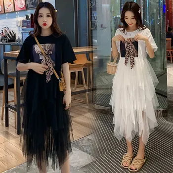 

Summer new maternity dress loose mesh stitching maternity dress Korean fashion short sleeve print pregnancy skirt