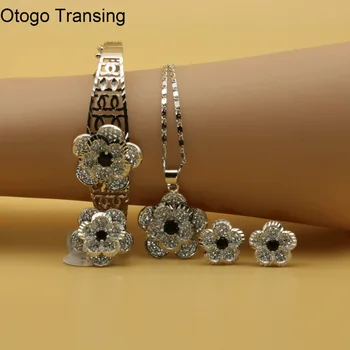 

Otogo Transing 2019 Party Silver Color Jewelry Sets Women Fashion Black Crystal Ring Earrings Necklace Bracelet Flower SET210