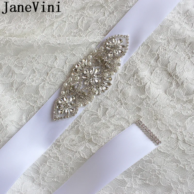 JaneVini Luxury Silver Crystal Wedding Dress Sash Belt Pearls Beaded Bridal Belt Ribbon Sash Bride Embellished Belt Accessories