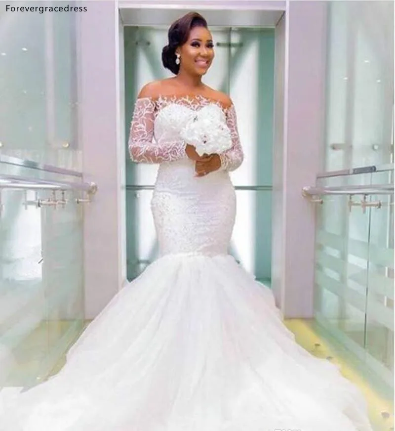 South African Mermaid Wedding Dress Lace Off Shoulder Beaded Tulle Sweep Train Wedding Gown Sexy Covered Button Bridal Dresses  179 (8)