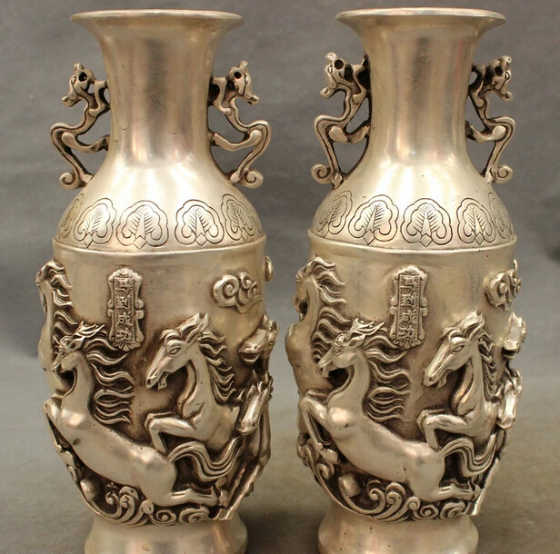

JP S0114 9" Chinese Silver Dragon Unicorn JiXiang 8 Horse Statue Bottle Pot Vase Pair