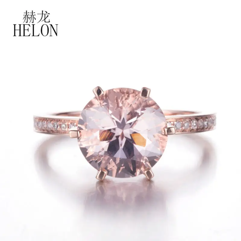 HELON Solid 14K розовое золото изысканные женские ювелирные изделия 8 мм круглый 2.6ct морганитное кольцо с натуральными бриллиантами обручальное кольцо