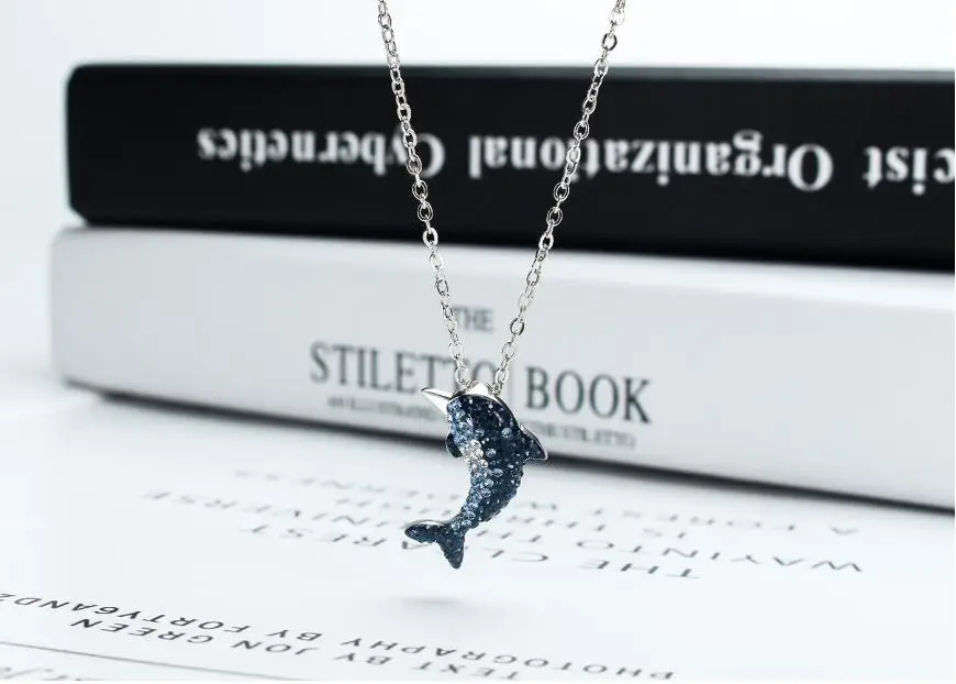 Дельфин маленький кит кристалл подвески ожерелья для женщин тренд короткая цепочка на ключицы чокер 925 пробы серебряные ювелирные изделия SAN68