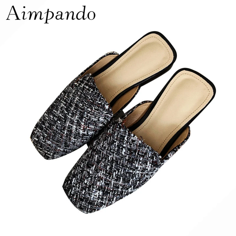 

Concise Spring 2019 Gingham Flat Slippers Women Unique Square Toe Cover Toes Slingback Outwear Mules For Woman