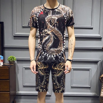 

Dragon Print Summer T Shirts+Shorts Set Men Short Sleeve Shirts Casual Suits Men Luxury Brand Clothing Tracksuit Men Plus Size