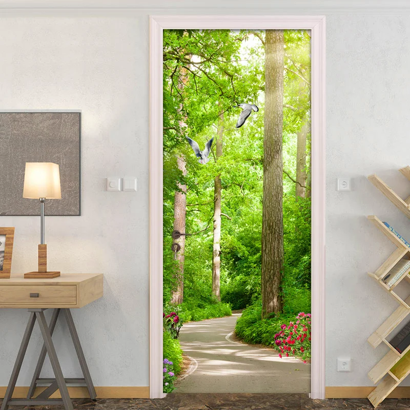 Forest Woods Sunshine Small Road Creative DIY Door Sticker PVC Self-adhesive Vinyl Wallpaper For Living Room Bedroom Door Mural