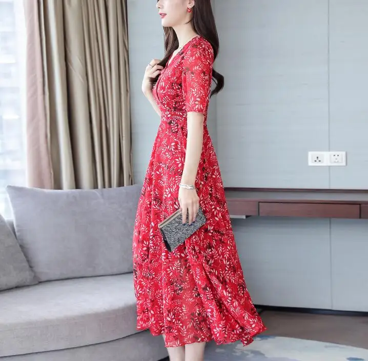 Новое поступление размера плюс M-4XL Элегантное длинное шифоновое платье с v-образным вырезом и цветочным принтом с коротким рукавом высокого качества