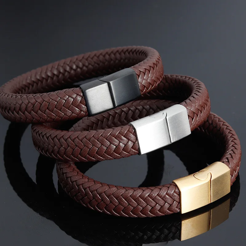 

Punk Brown Pure Leather Bracelets for Man Gold Silver Black Matte 316L Stainless Steel Clasp Woman Braid Rope Wristband