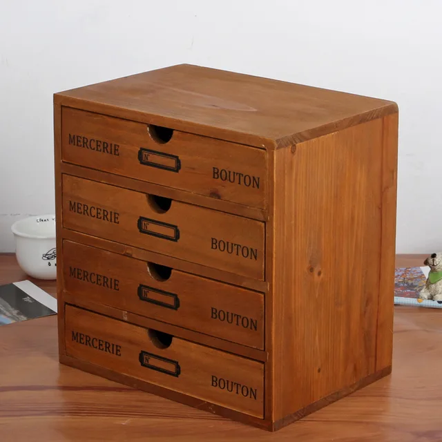 Wooden Storage Box 4 Layers Drawer Desk Retro Househpld